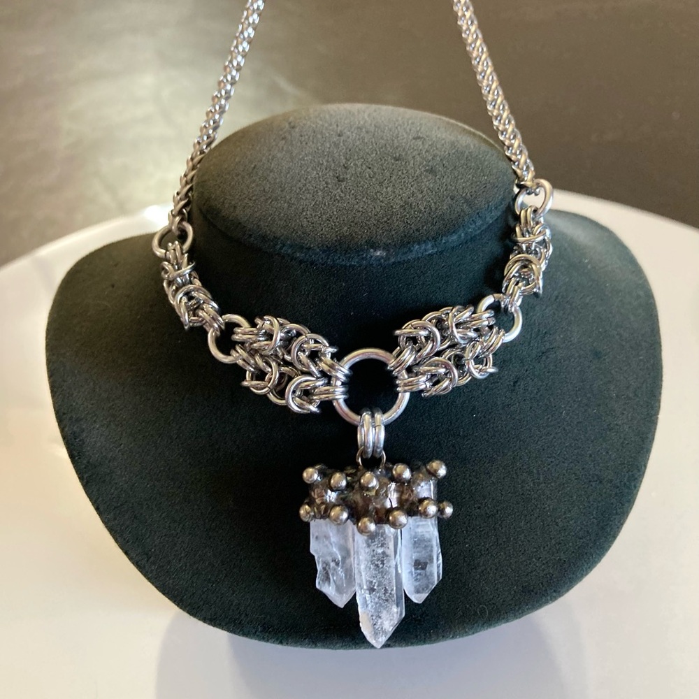 Handmade Genuine raw crystal quartz maille stainless steel boho goth necklace